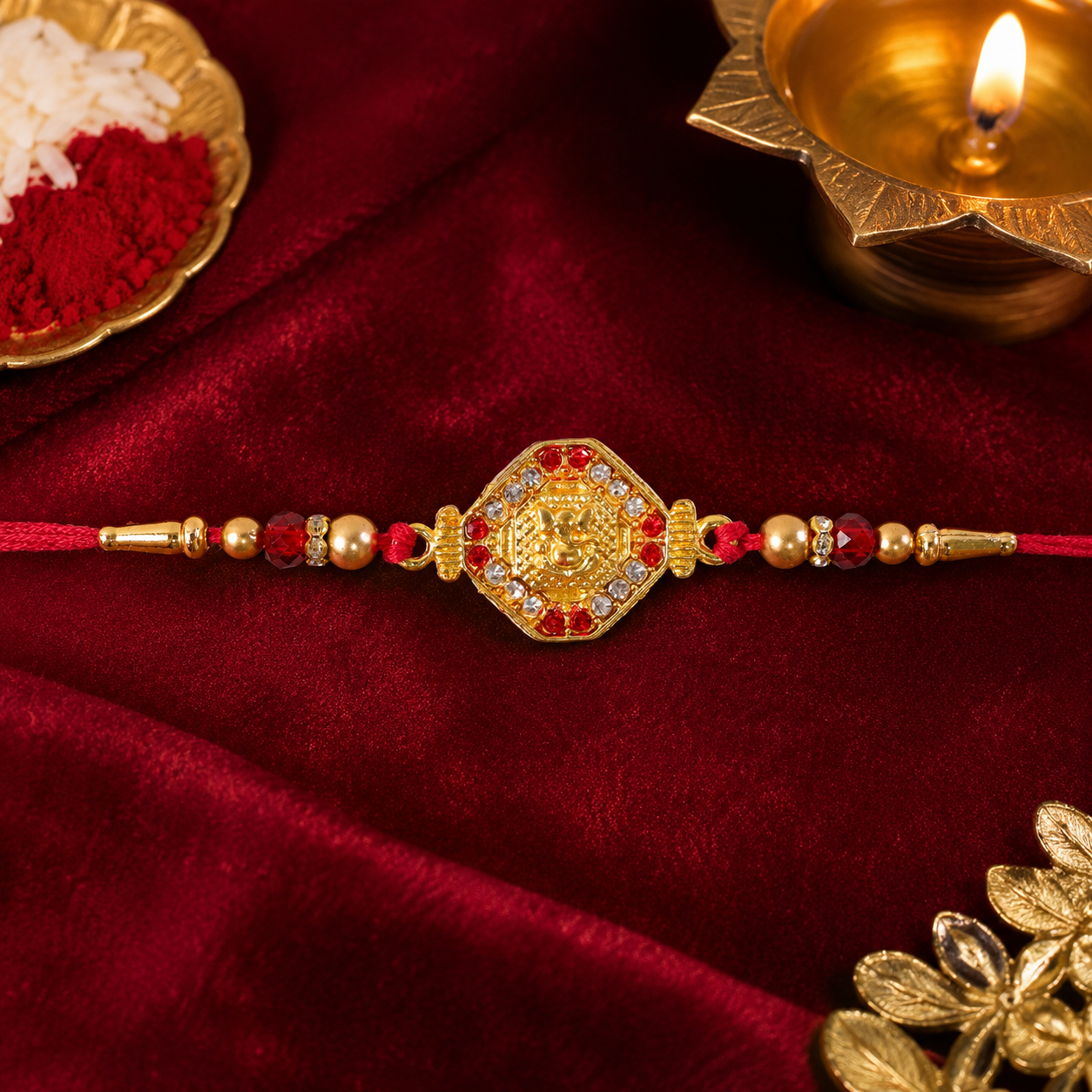 Golden Ganpati Motif Rakhi with Stone Studded Design Rakhi for Brother