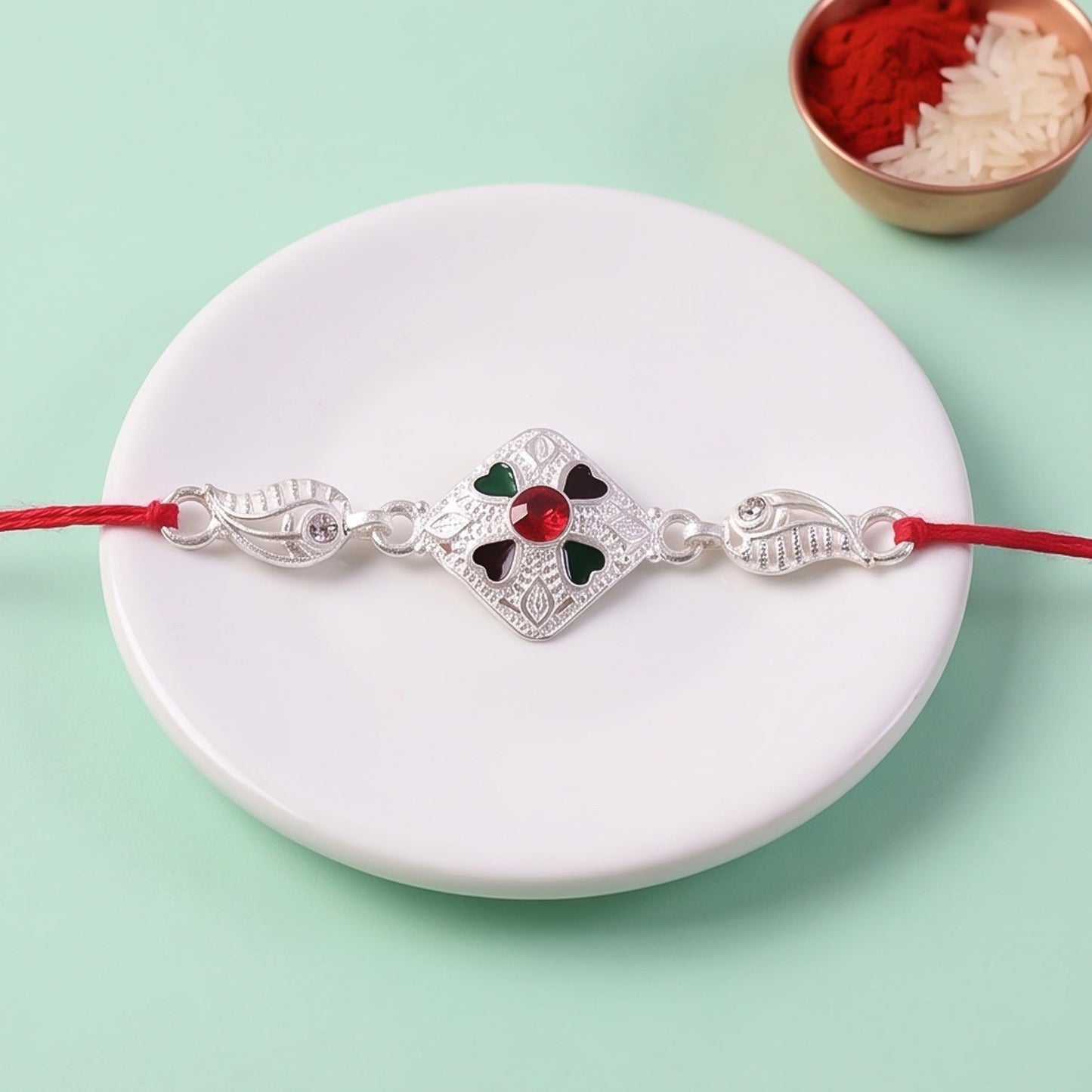 Silver Floral Stone Charm Rakhi for Brother Bhai Raksha Bandhan Festival Special Gift