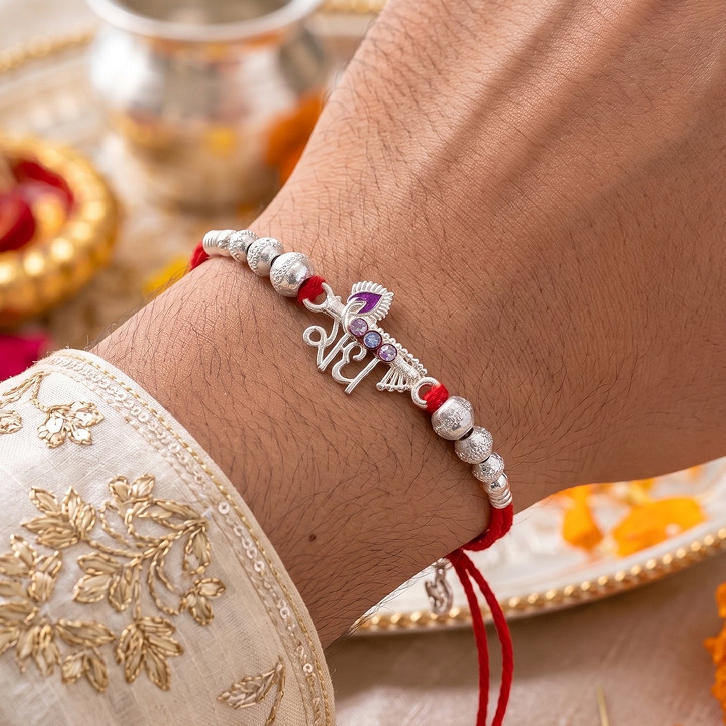 Silver Bhai Pearl Charm Rakhi for Brother Bhai Raksha Bandhan Festival Special Gift