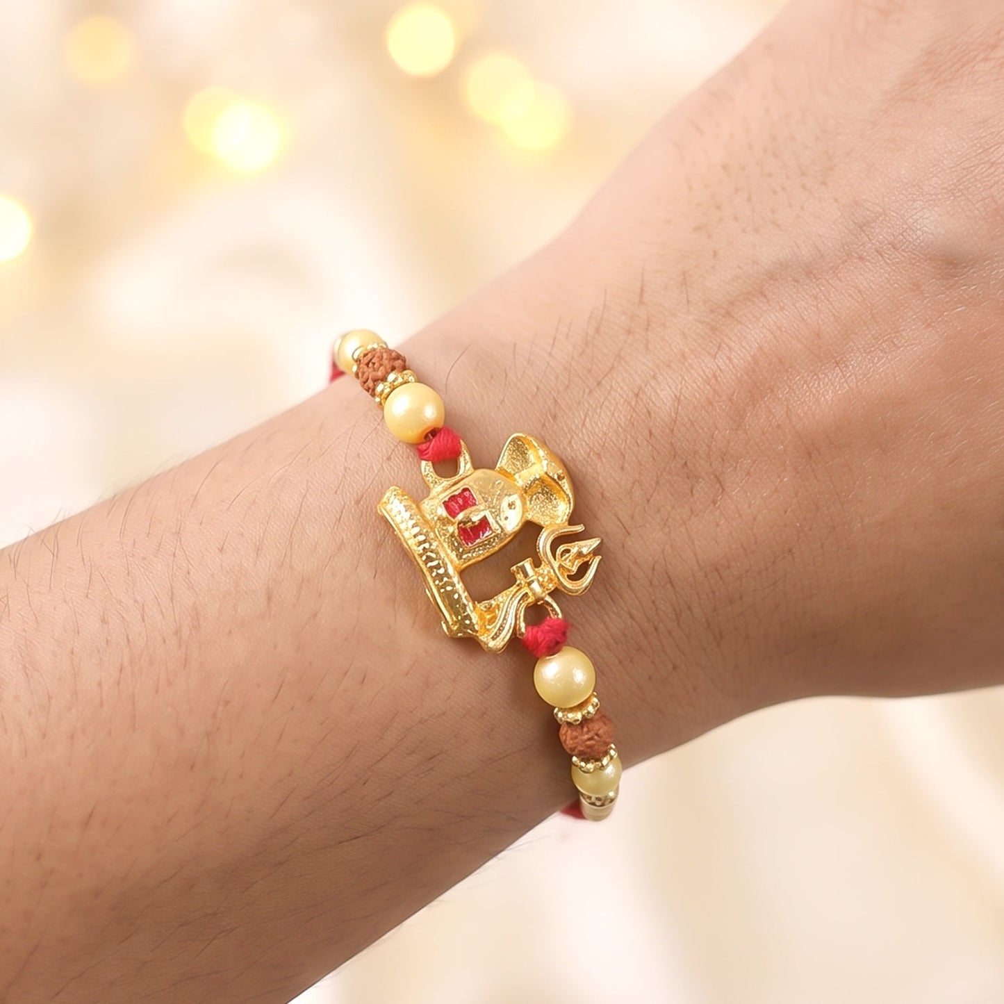 Gold Shivling Pearl Charm Rakhi for Brother Bhai Raksha Bandhan Festival Special Gift