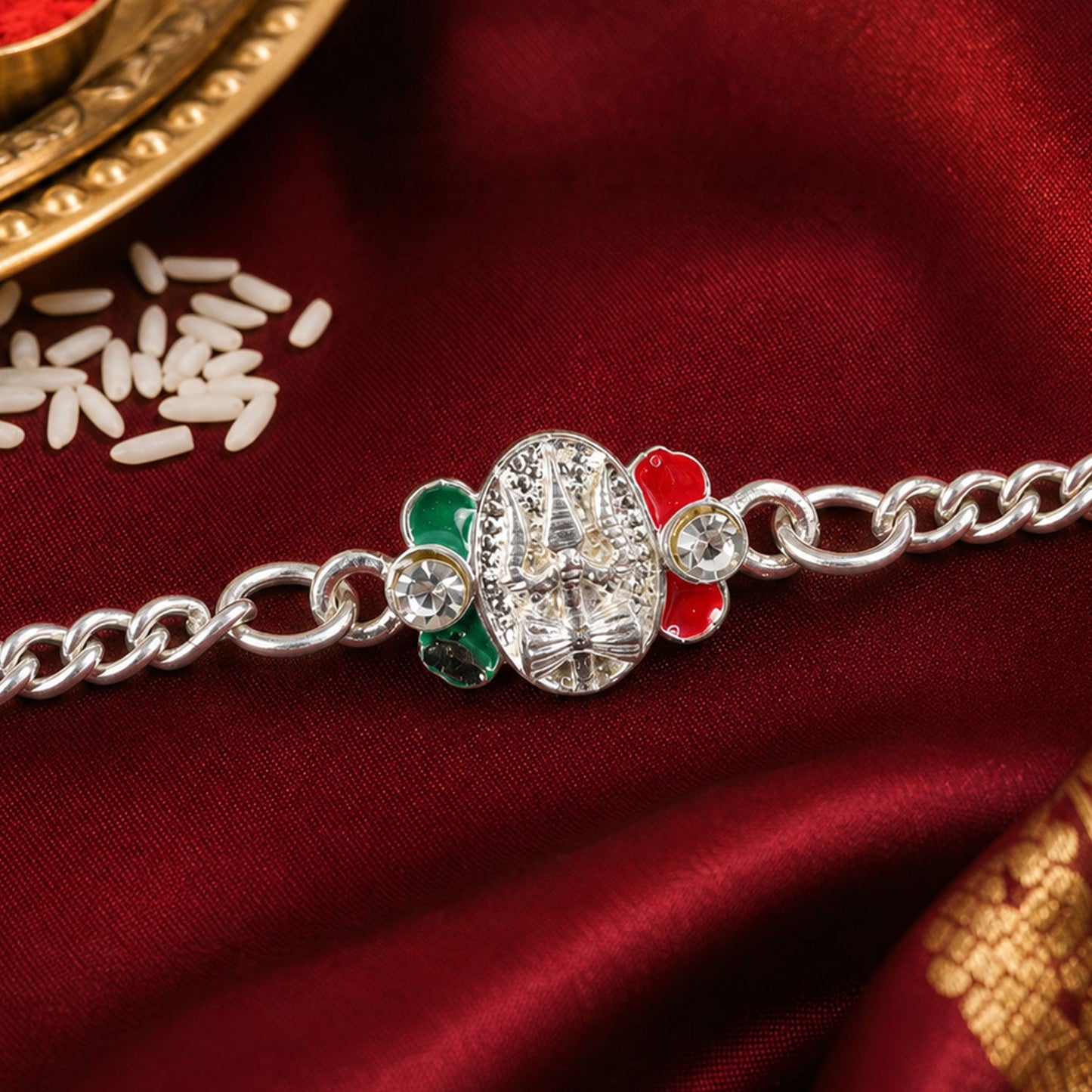 Silver Trishul Chain Rakhi with Stone & Meenakari – Rakhi for Brother