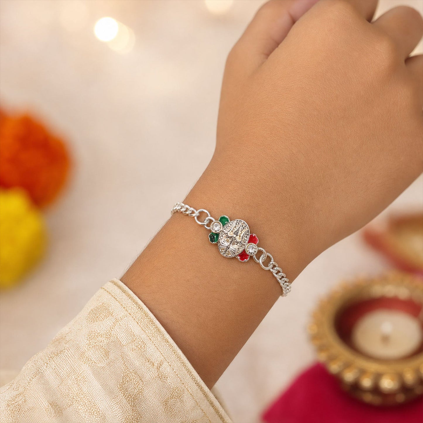 Silver Trishul Chain Rakhi with Stone & Meenakari – Rakhi for Brother