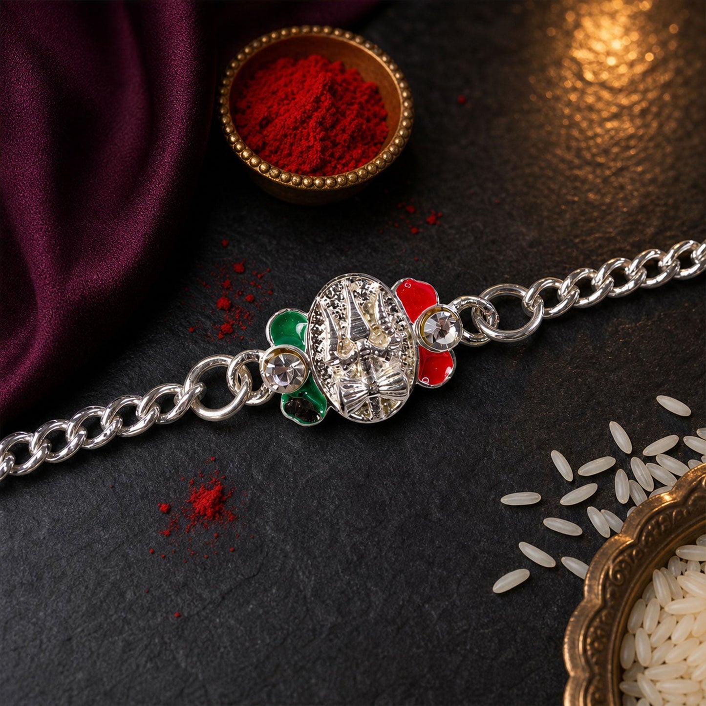 Silver Trishul Chain Rakhi with Stone & Meenakari – Rakhi for Brother