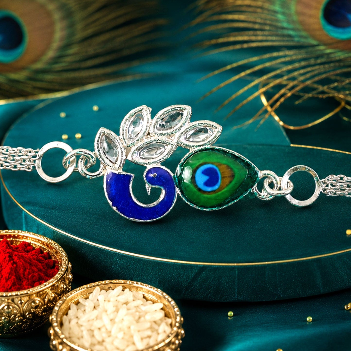 Peacock Feather Motif Premium Chain Designer Rakhi for Brother