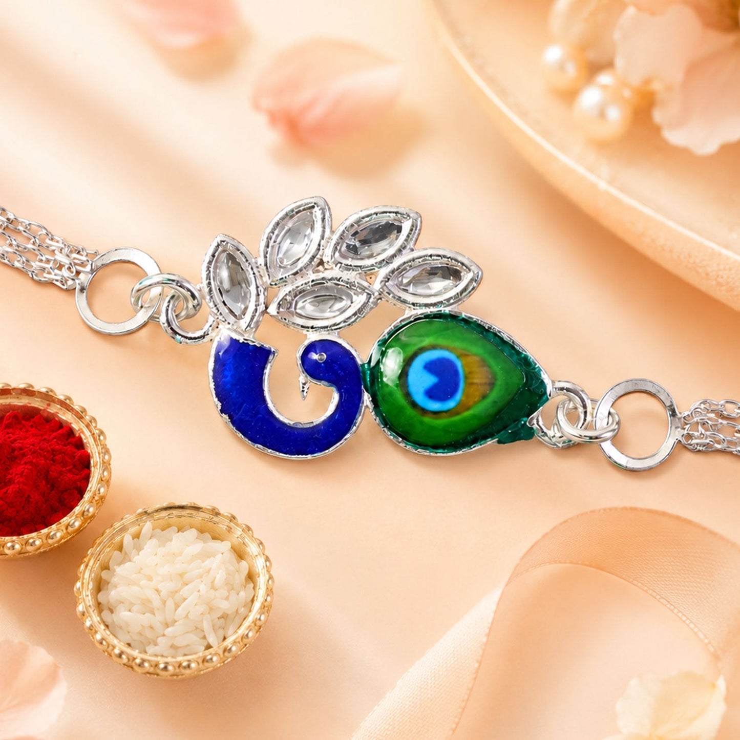 Peacock Feather Motif Premium Chain Designer Rakhi for Brother
