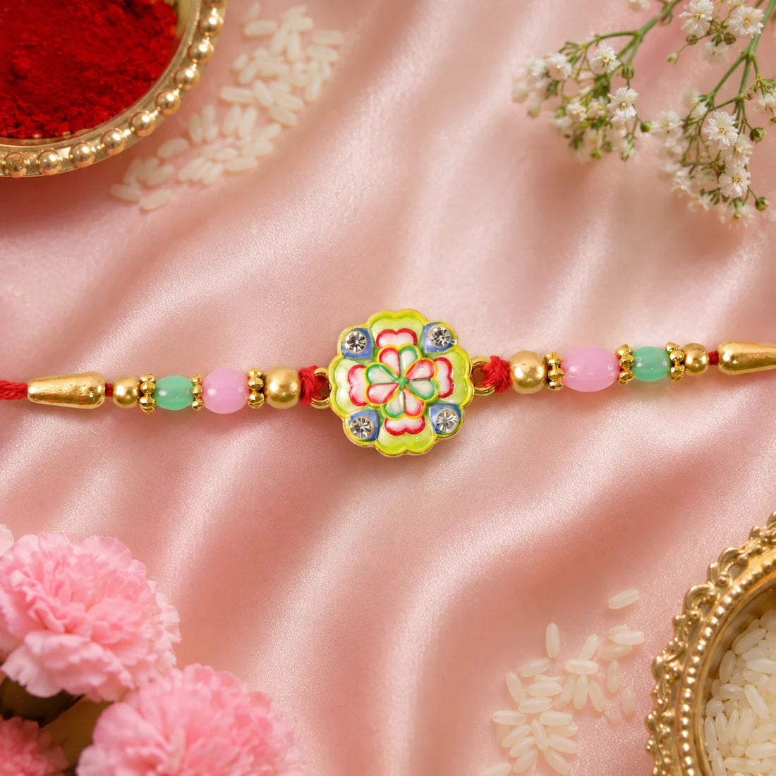 Designer Rakhi for Brother – Floral Clover Charm Beaded