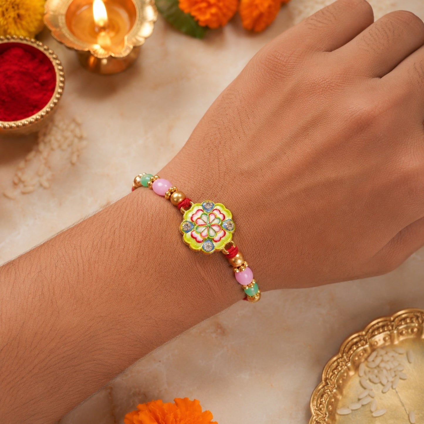 Floral Clover Charm Beaded Premium Designer Rakhi for Brother