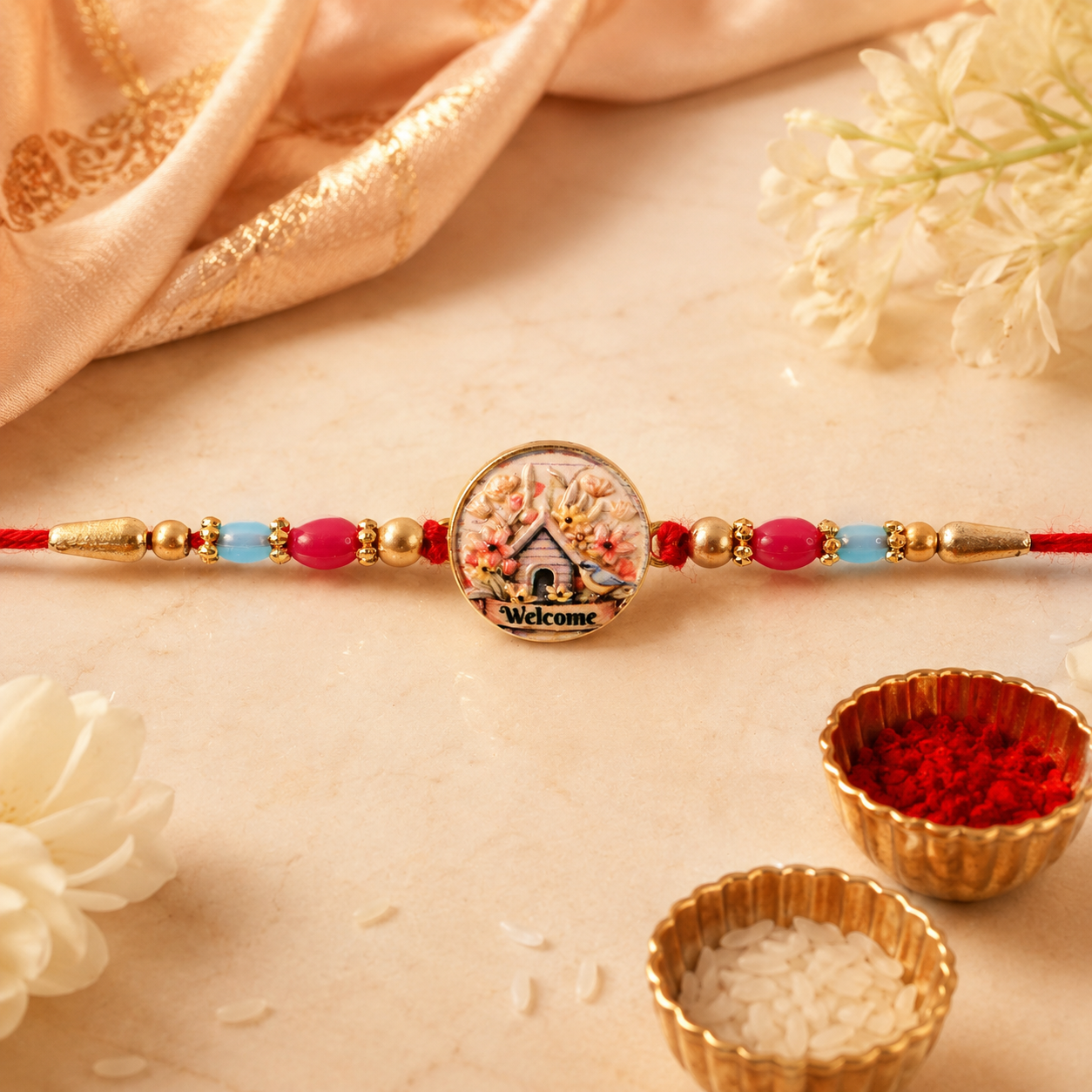 Round Design Welcome Home Charm Premium Designer Rakhi for Brother