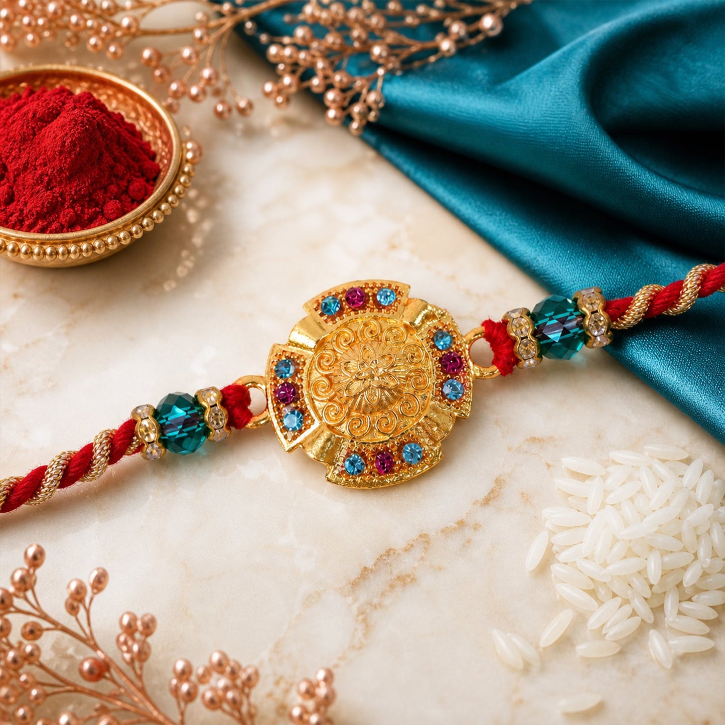 Round Floral Medallion Premium Beaded Designer Rakhi for Brother