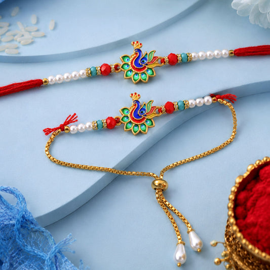 Premium Peacock Charm Lumba Rakhi Set Beaded Designer bhabhi Rakhi