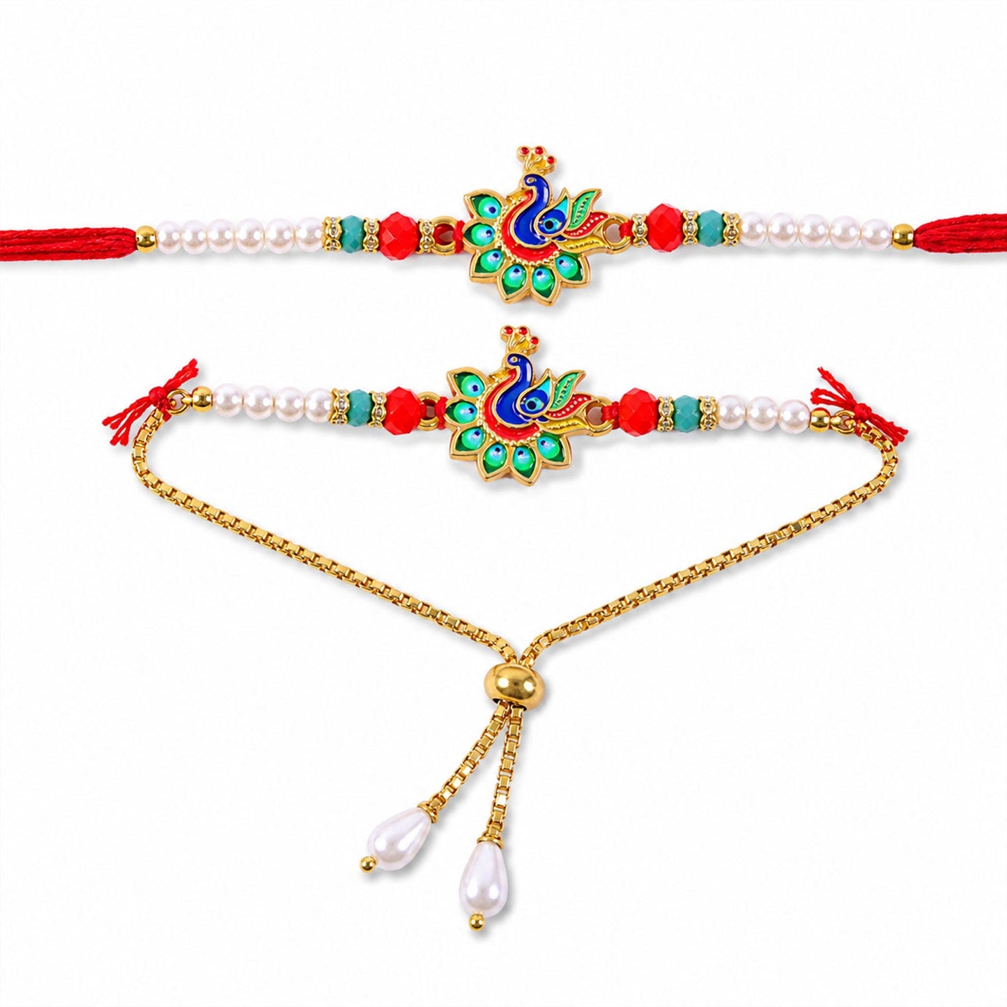 Premium Peacock Charm Lumba Rakhi Set Beaded Designer bhabhi Rakhi