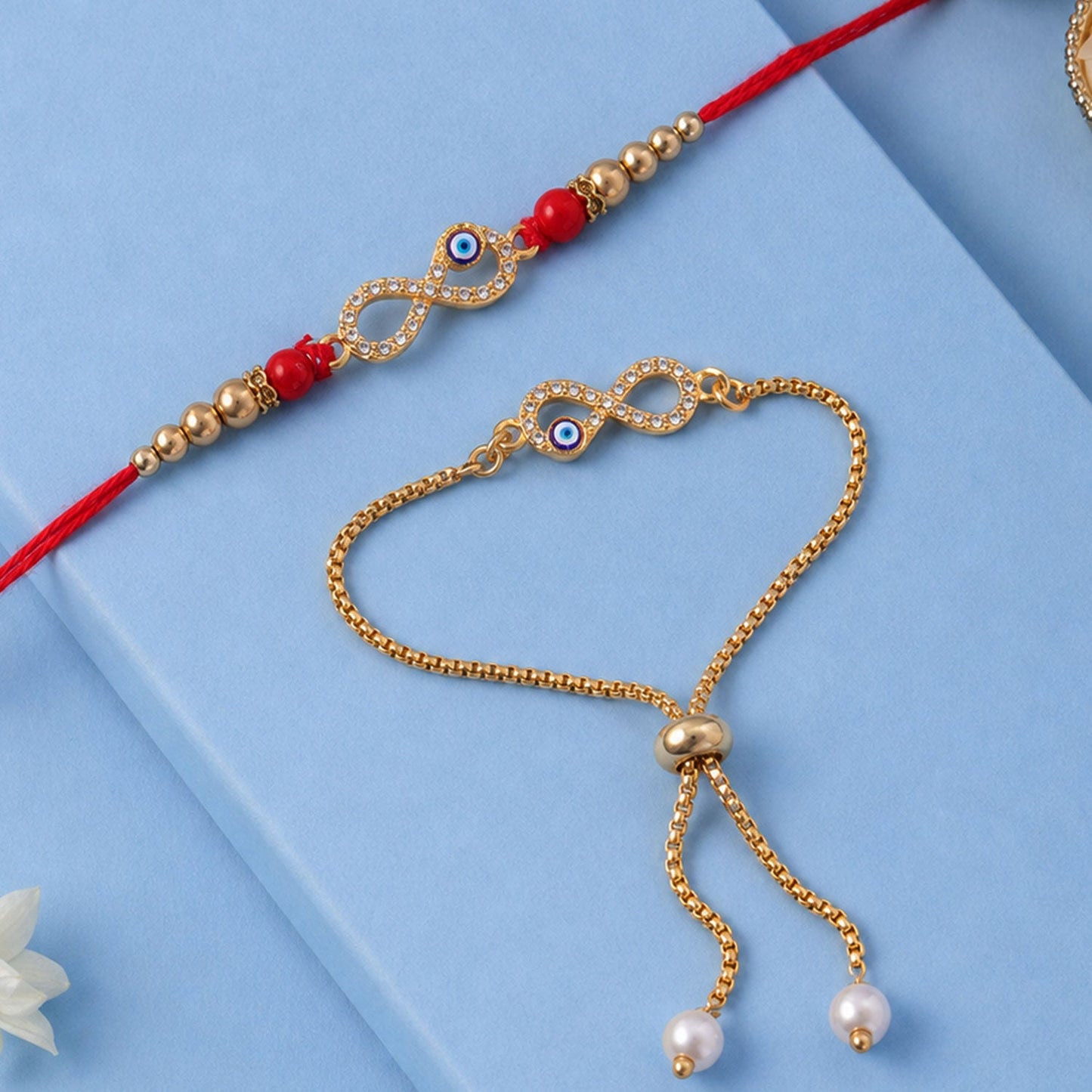 Premium Infinity Evil Eye Charm Lumba Rakhi Set Beaded Designer bhabhi Rakhi