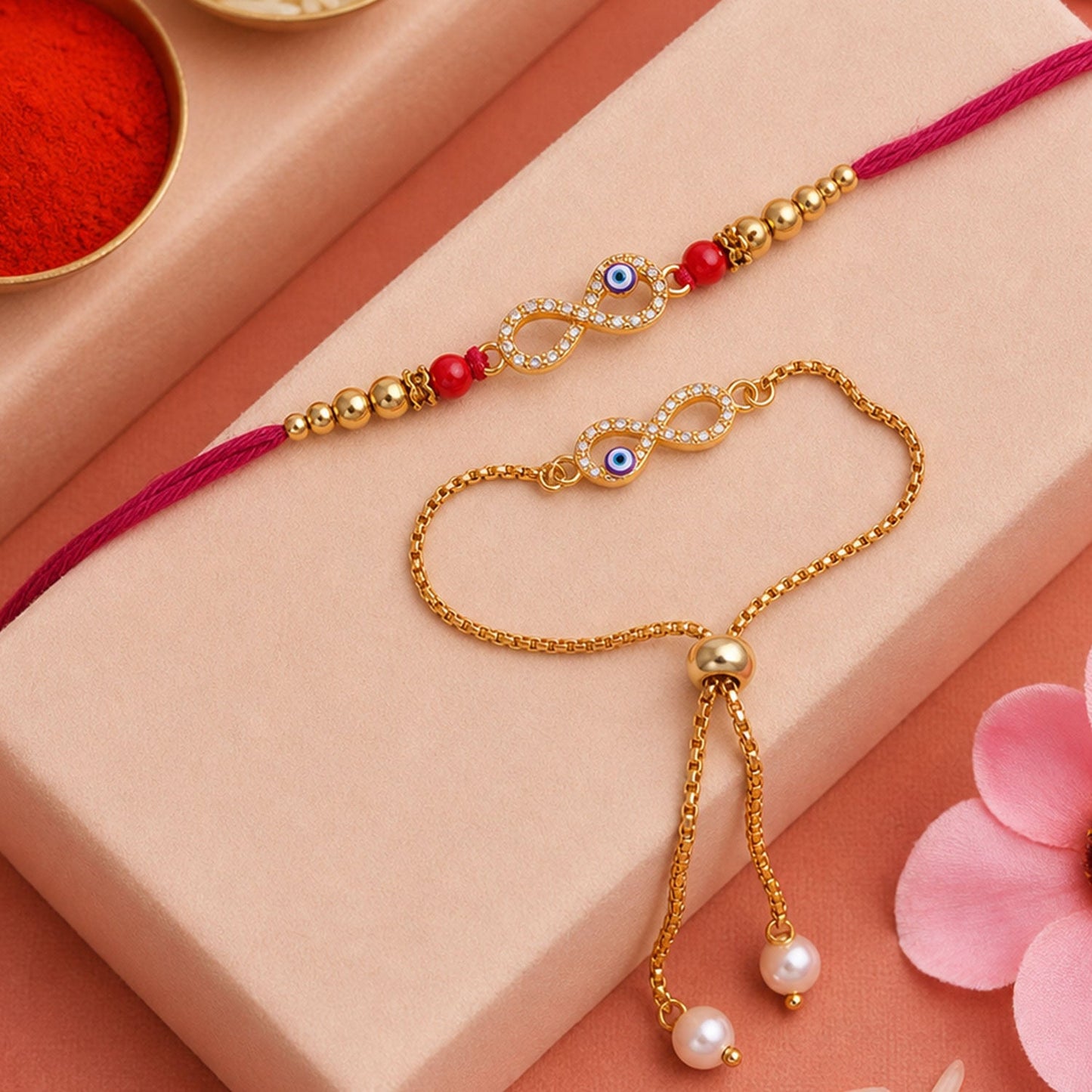 Premium Infinity Evil Eye Charm Lumba Rakhi Set Beaded Designer bhabhi Rakhi