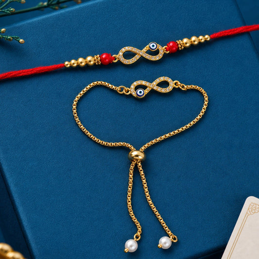 Intricate infinity charm and evil eye motif on Lumba Rakhi