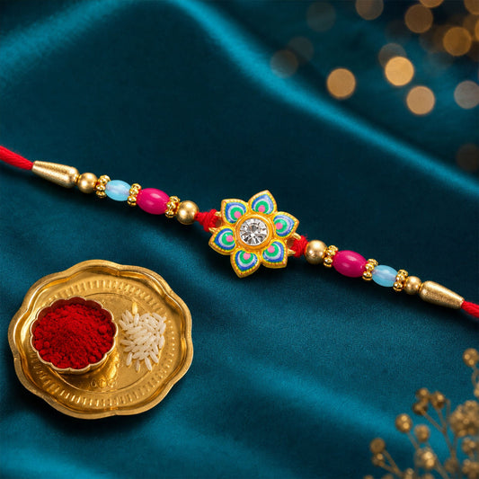 Meenakari Floral Morpankh theme Crystal Golden Beads Rakhi for Brother