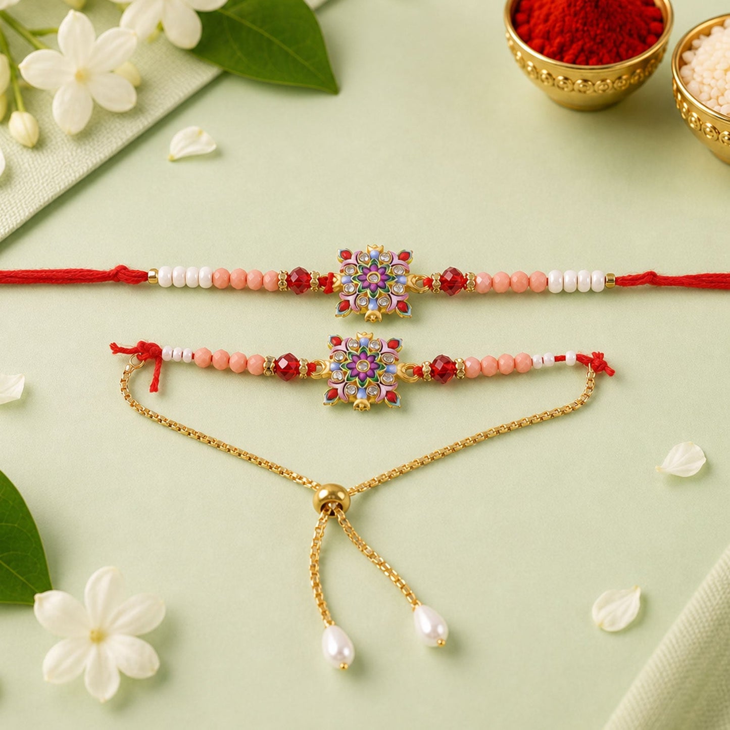Premium Floral Stone Lumba Set Beaded Designer Set Bhabhi Rakhi