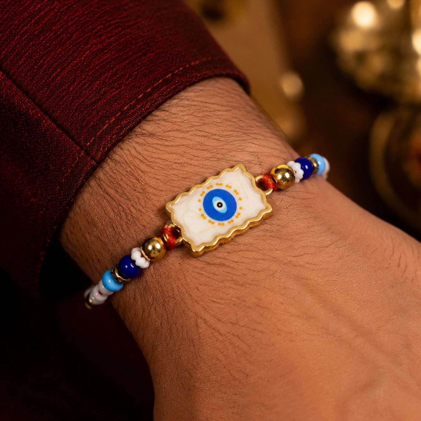 Evil Eye Square Charm Beaded Designer Rakhi Raksha Bandhan Style