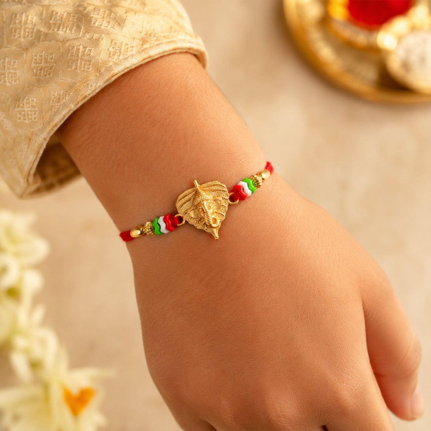 Golden Ganesh Paan Leaf Multicolor Beads Traditional Rakhi