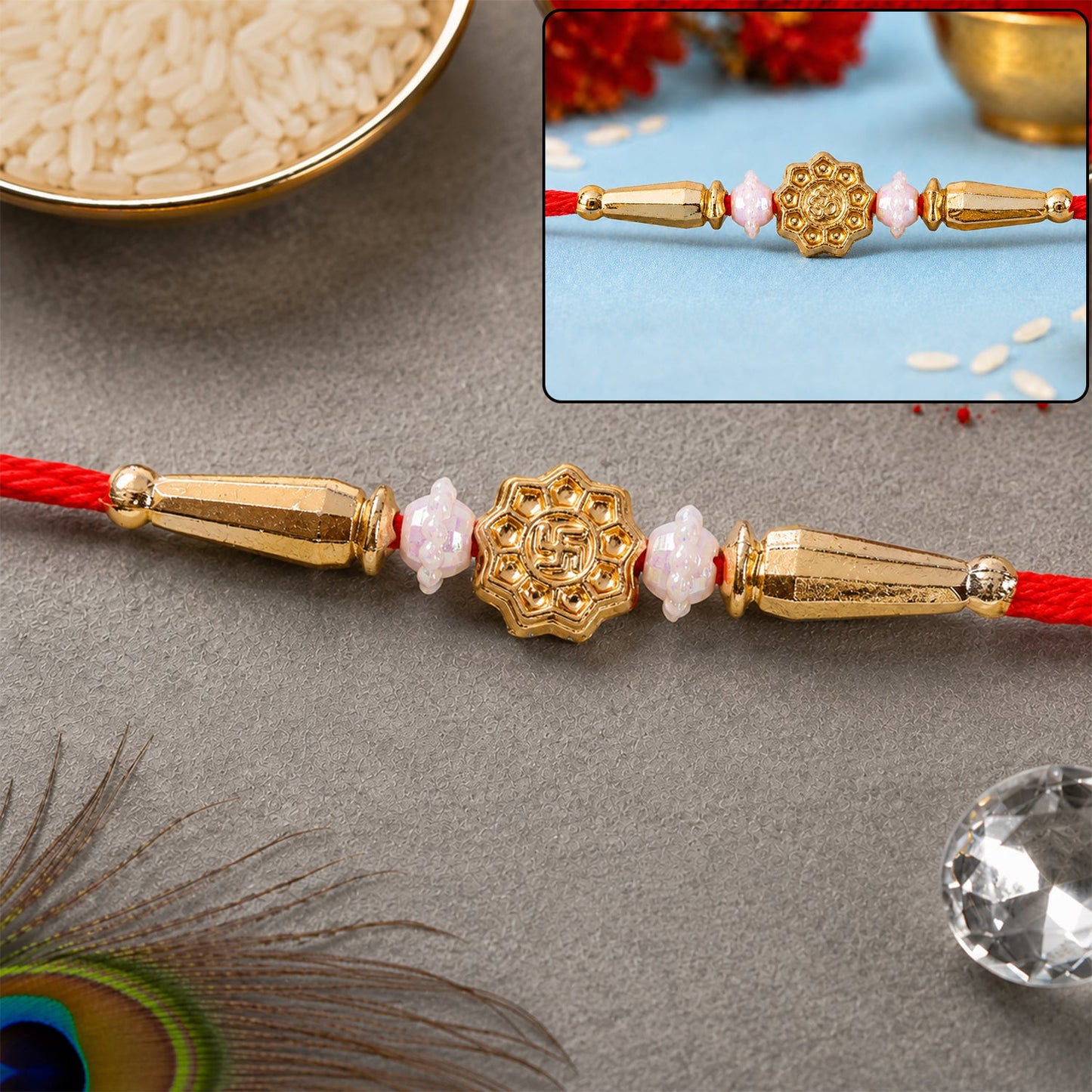 Round Swastik & Om Charm Rakhi Raksha Bandhan Premium Gift Design