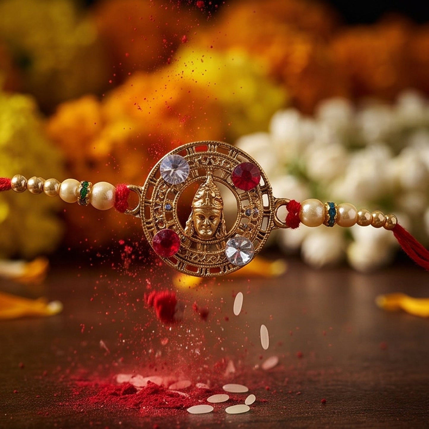Divine Round Motif Pearl Rakhi Raksha Bandhan Traditional Gift