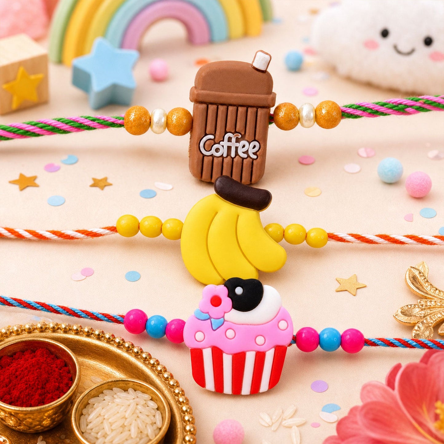Coffee Banana Cupcake Kids Rakhi Combo Raksha Bandhan Set (3 Pc)
