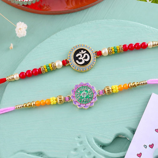 Om Motif Traditional Designer Rakhi for brother and a cartoon kids rakhi in a 2 piece combo set for Raksha Bandhan.