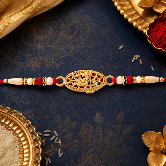 Leaf Pattern Om Charm Traditional Rakhi with Beads for Raksha Bandhan