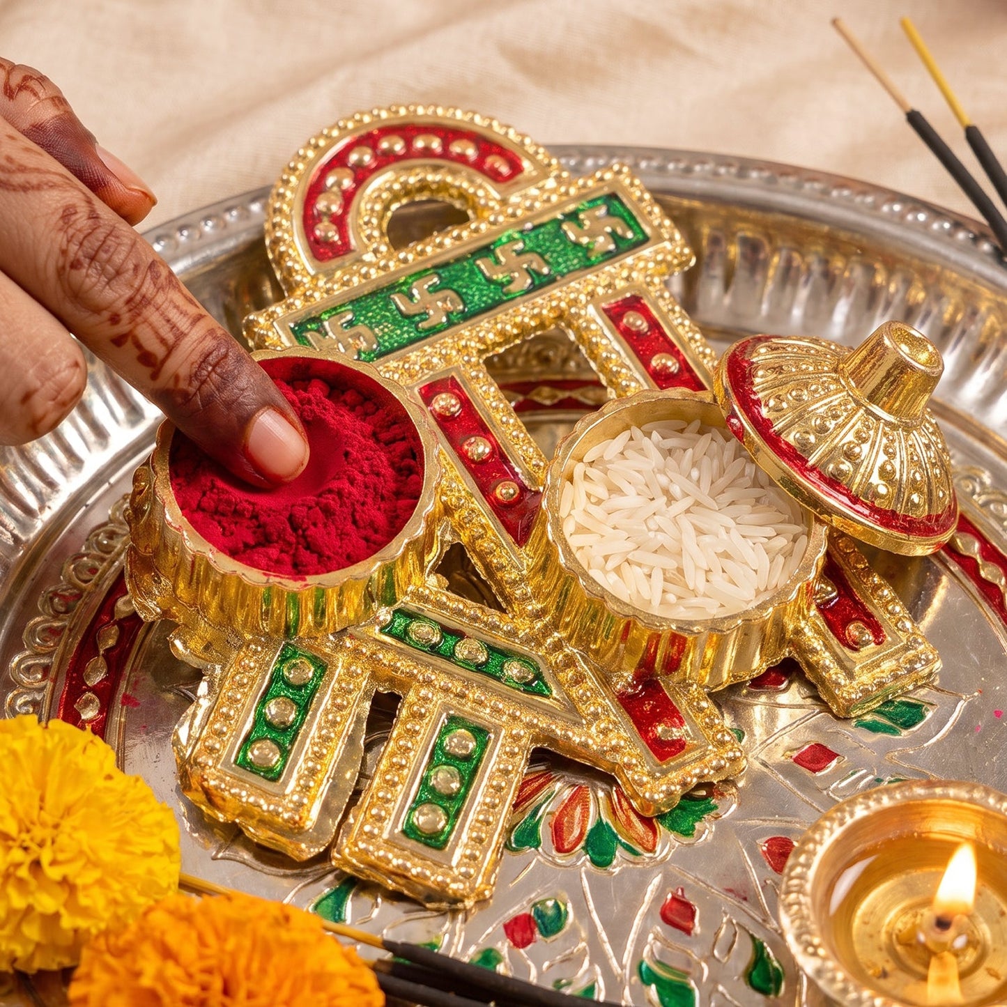 Decorative Shree Shape Double Kumkum Roli Chawal Dish (1 Pc)