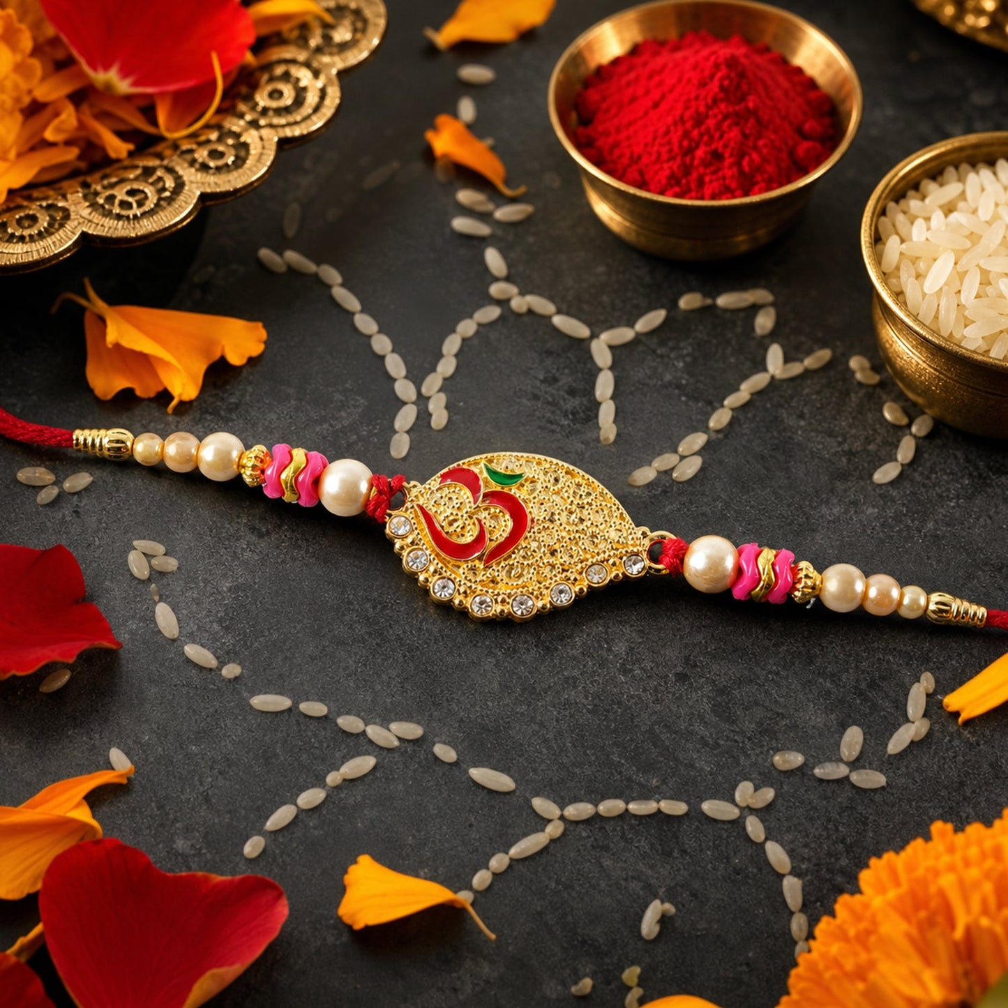 Paisley Om Stone Designer Rakhi with Pearl Beaded Festive Detail
