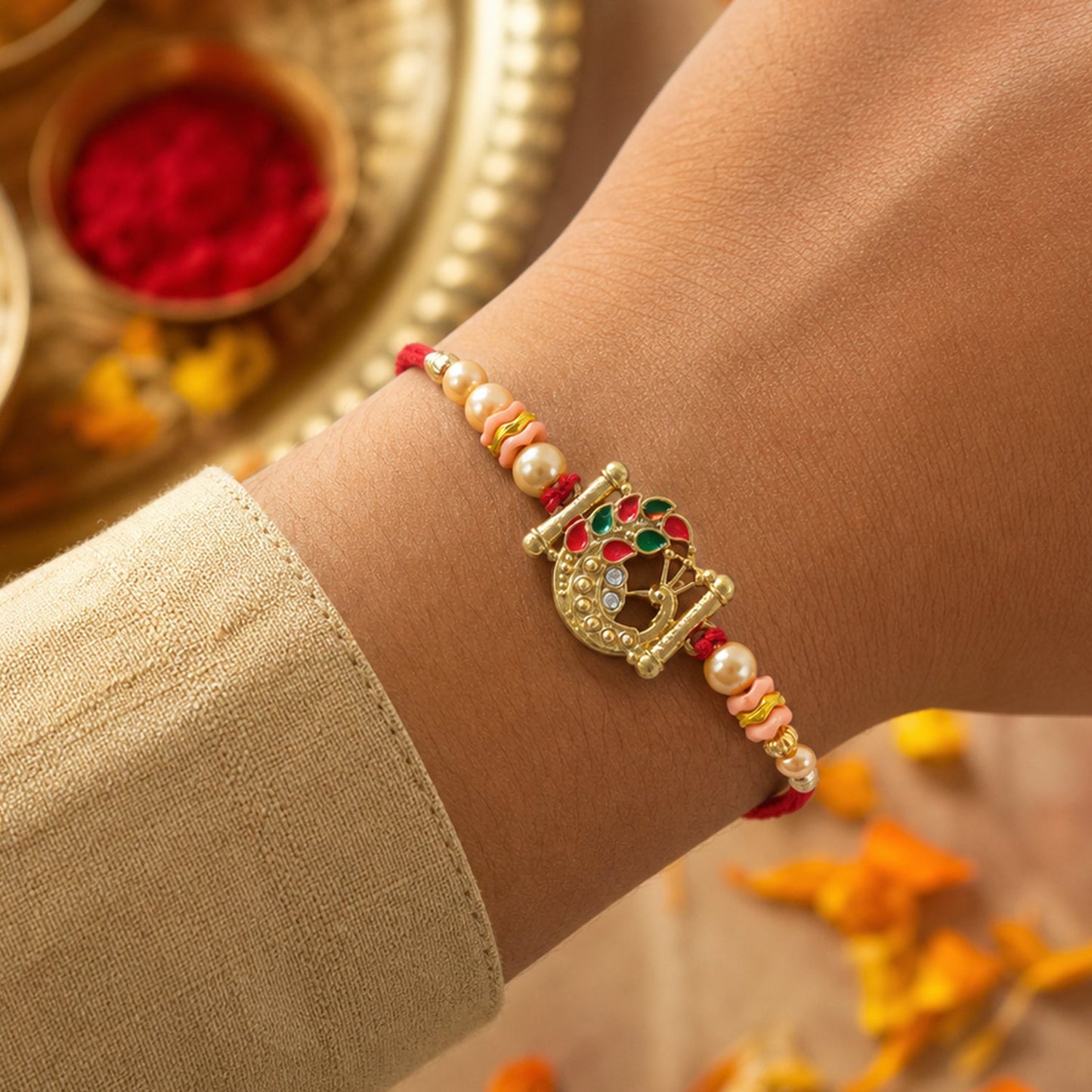 Peacock Stone Designer Rakhi with Pearl Beaded Traditional Look