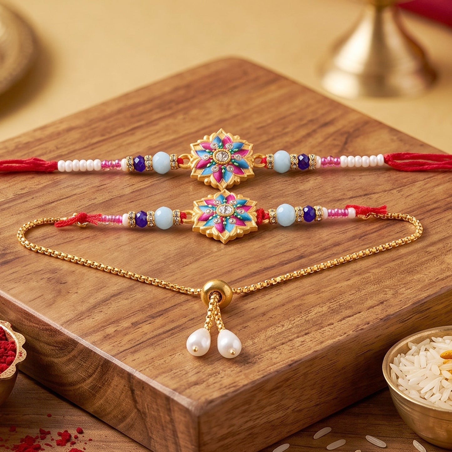 Premium Lumba Bhabhi Rakhi with Floral Beads Festive Pair Set