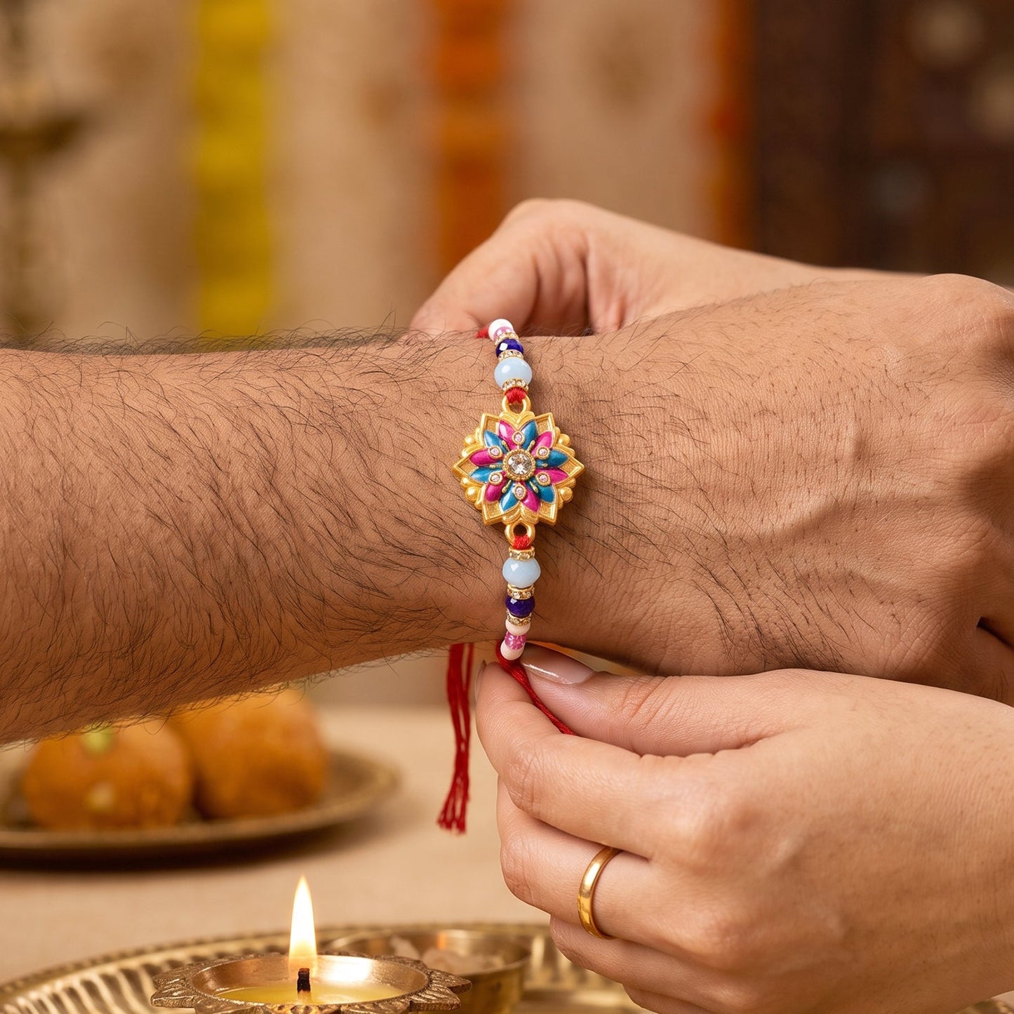 Premium Lumba Bhabhi Rakhi with Floral Beads Festive Pair Set