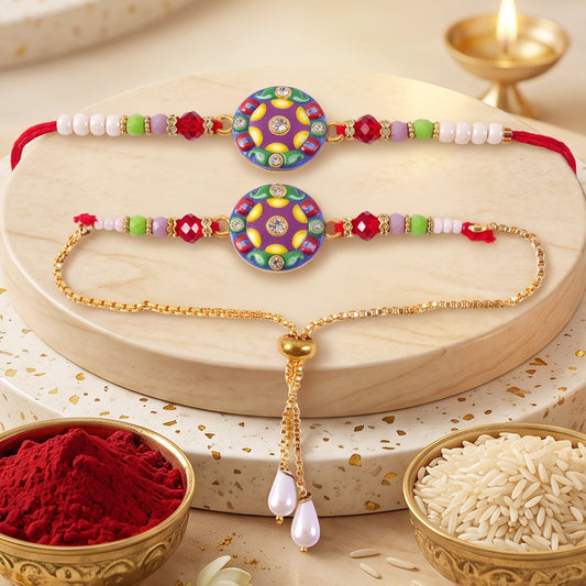 A pair of colorful bracelets with round, purple, and green stone centers, one with a red string band and the other a gold