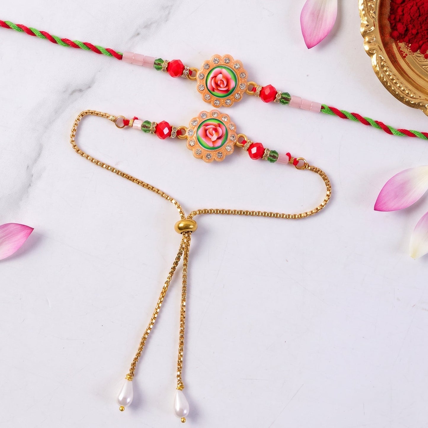 Premium Lumba Bhabhi Rakhi with Floral Pearl Festive Pair Set