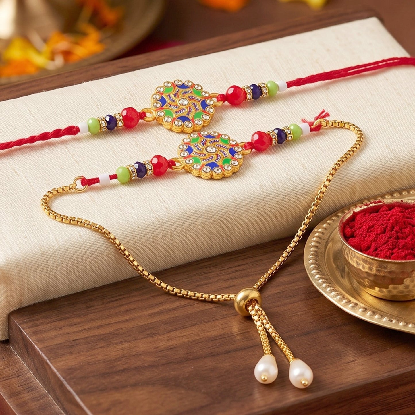Premium Lumba Bhabhi Rakhi with Stone Beads Designer Pair Set