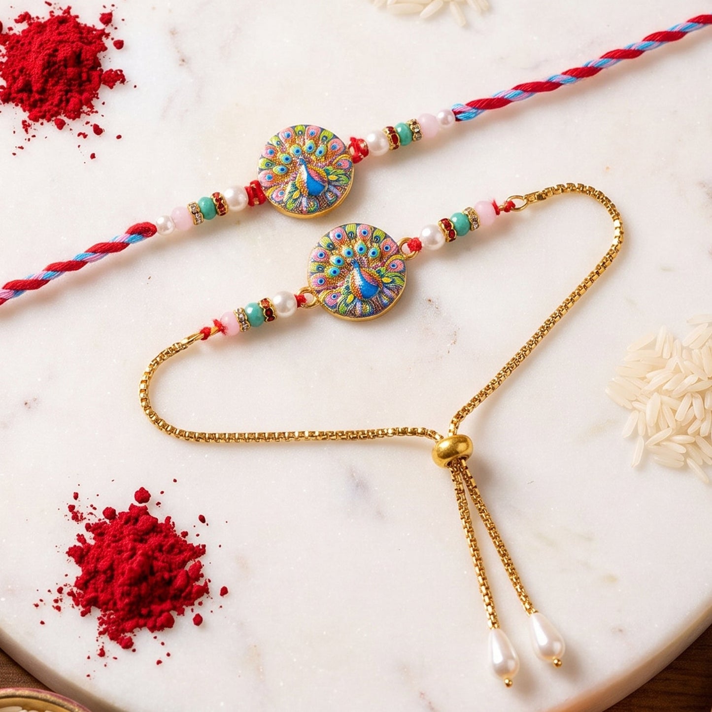 Premium Lumba Bhabhi Rakhi with Peacock Elegant Stone Festive Pair Set