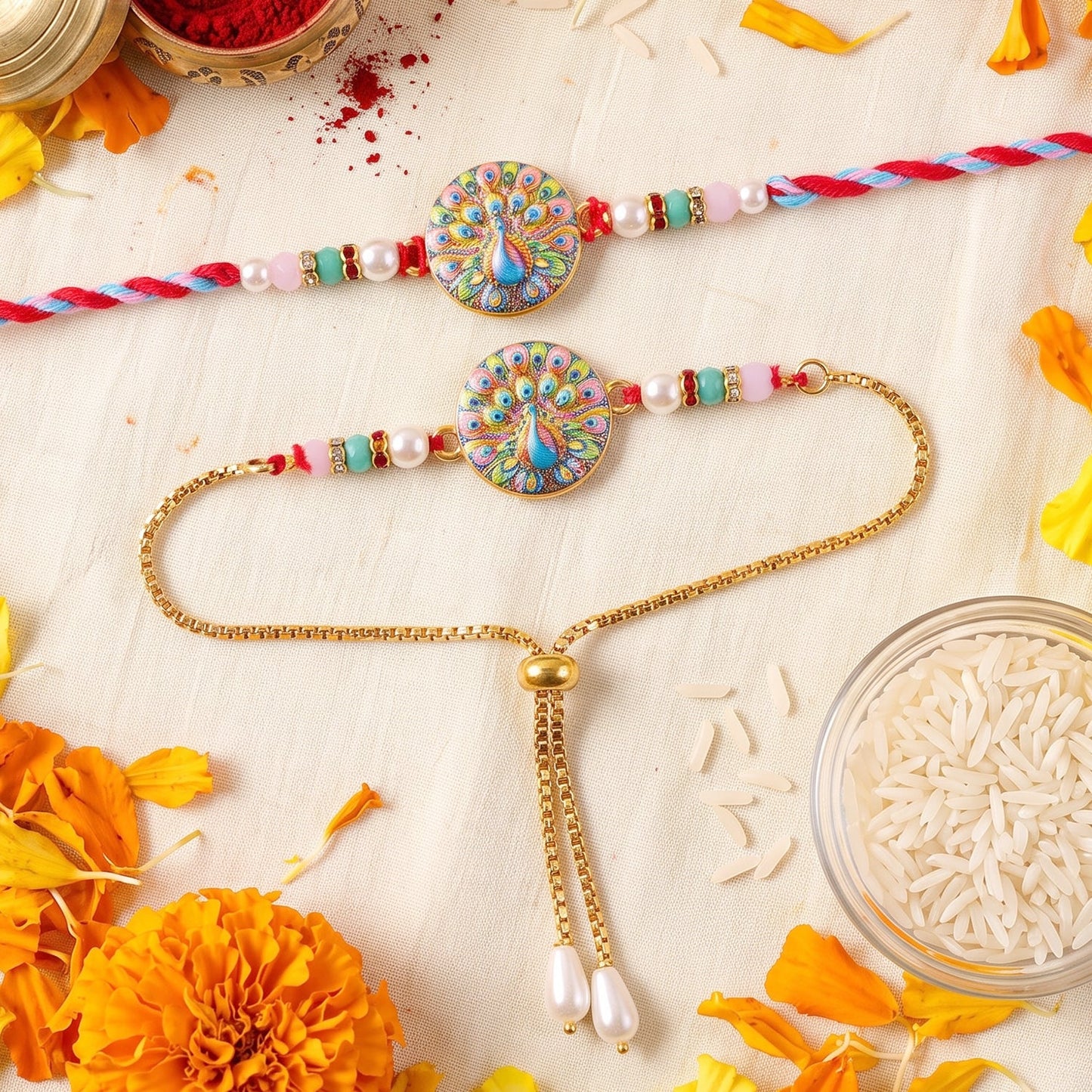 Premium Lumba Bhabhi Rakhi with Peacock Elegant Stone Festive Pair Set