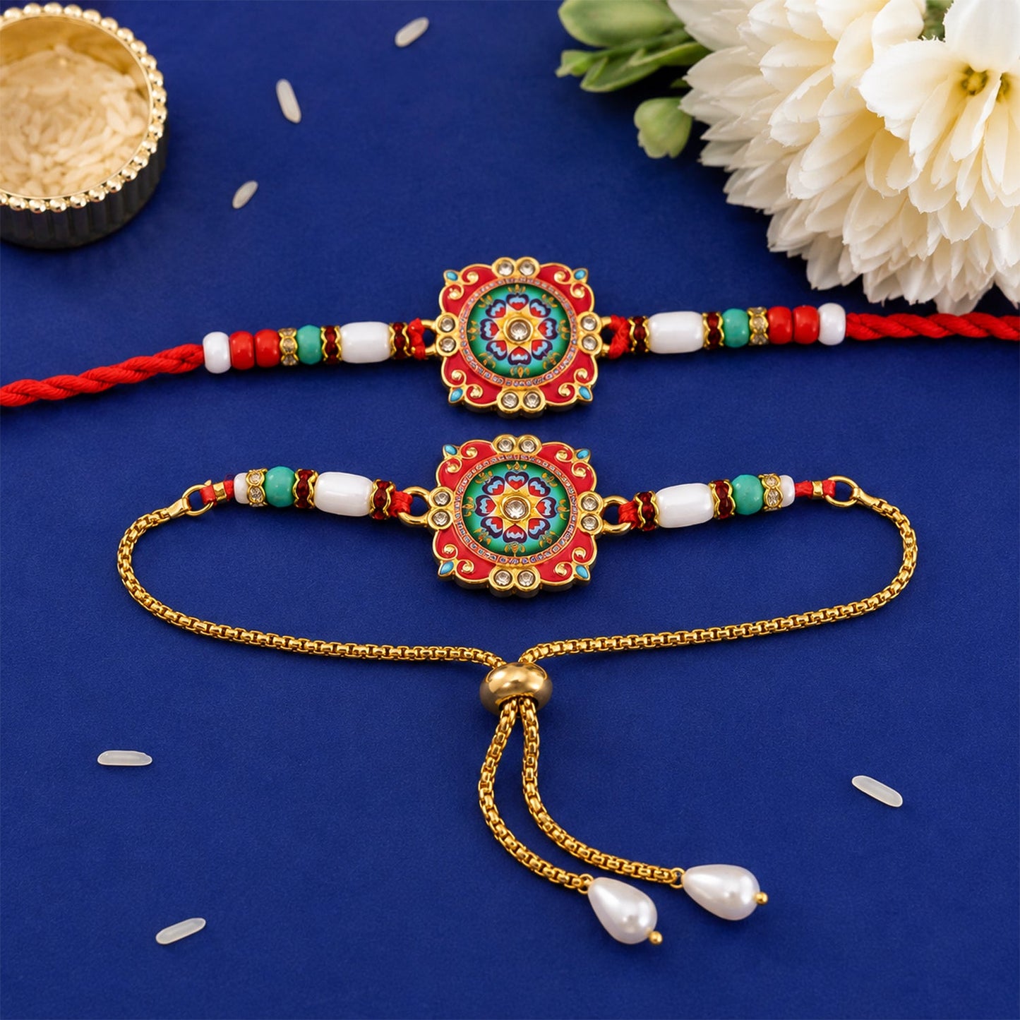 Premium Lumba Bhabhi Rakhi with Round Beads Traditional Pair Set