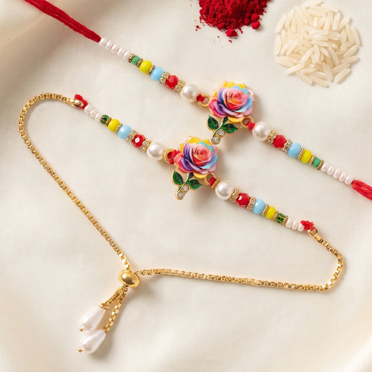 Premium Lumba Bhabhi Rakhi with Floral Charm Festive Pair Set