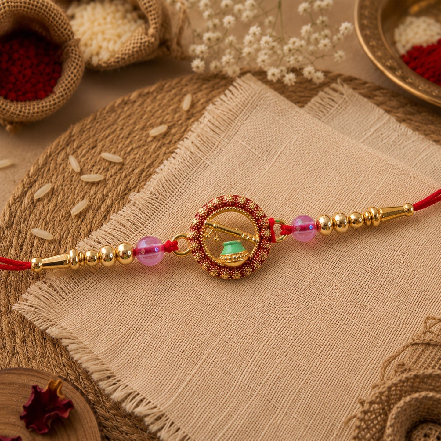 Sacred Rudraksha Rakhi with Golden Beads for Brother | Traditional Om Rakhi