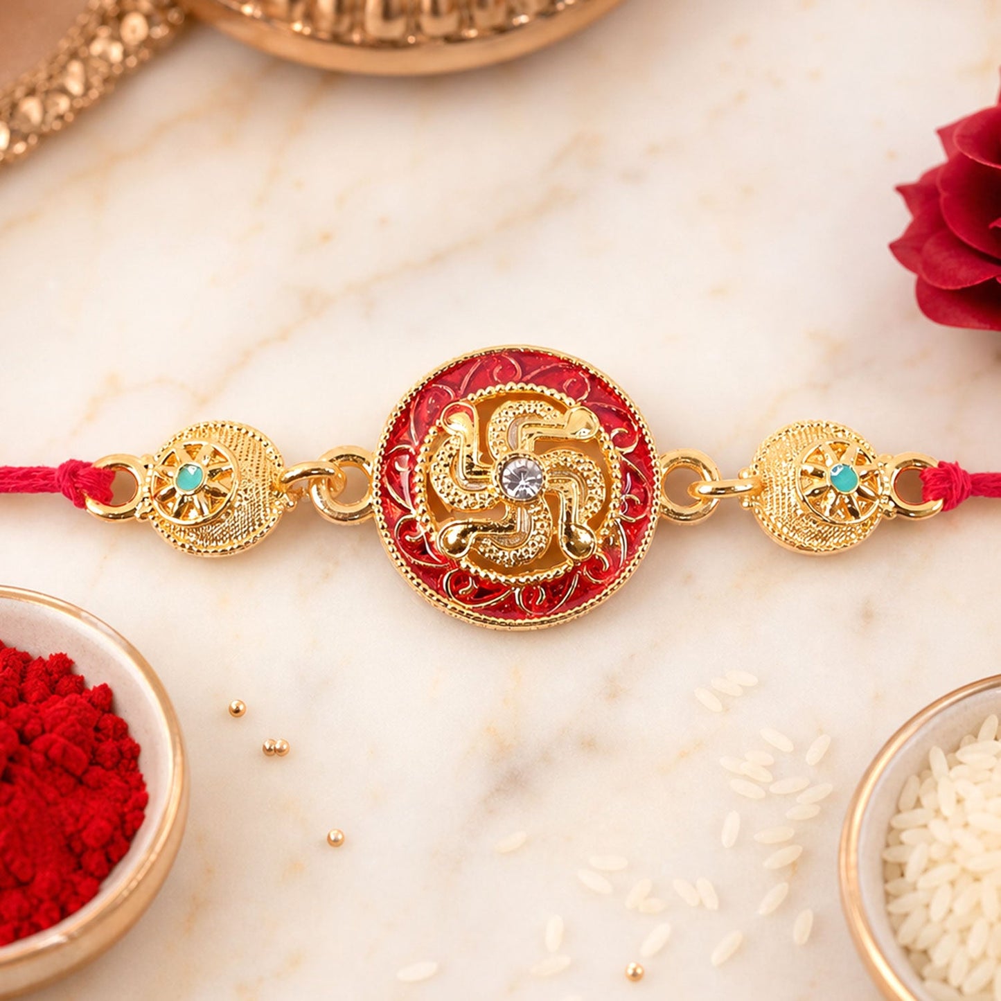 Traditional Swastik Rakhi with Golden Beads for Brother | Auspicious Rakhi