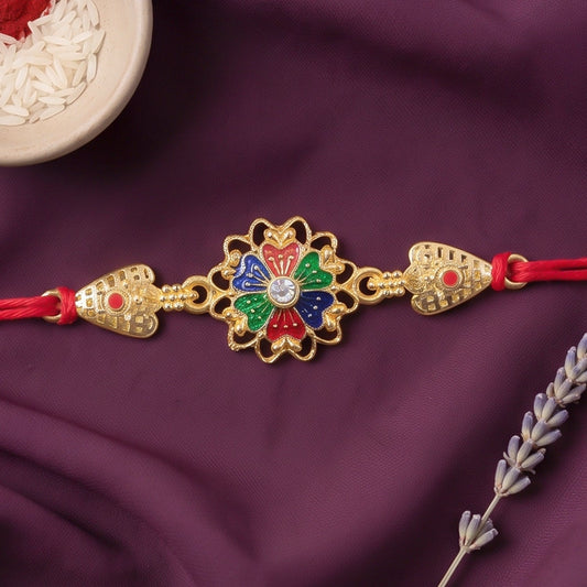 Premium Gold Plated Flower Look Rakhi with Stones for Brother | Royal Designer Rakhi