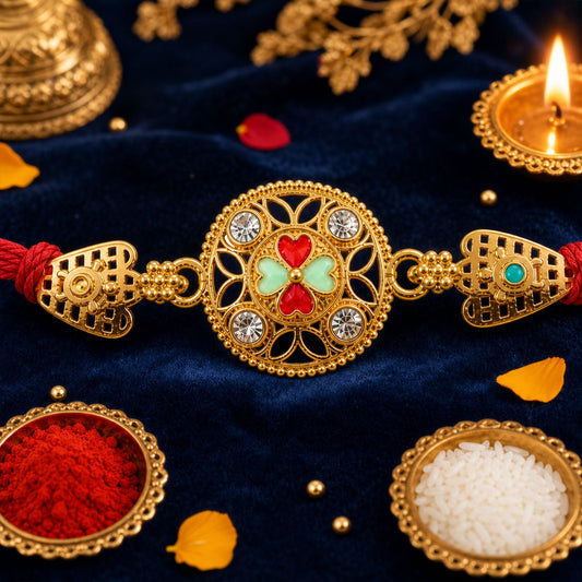 A gold-toned charm with red and mint green enamel hearts and clear stones is centered on a red thread, surrounded by