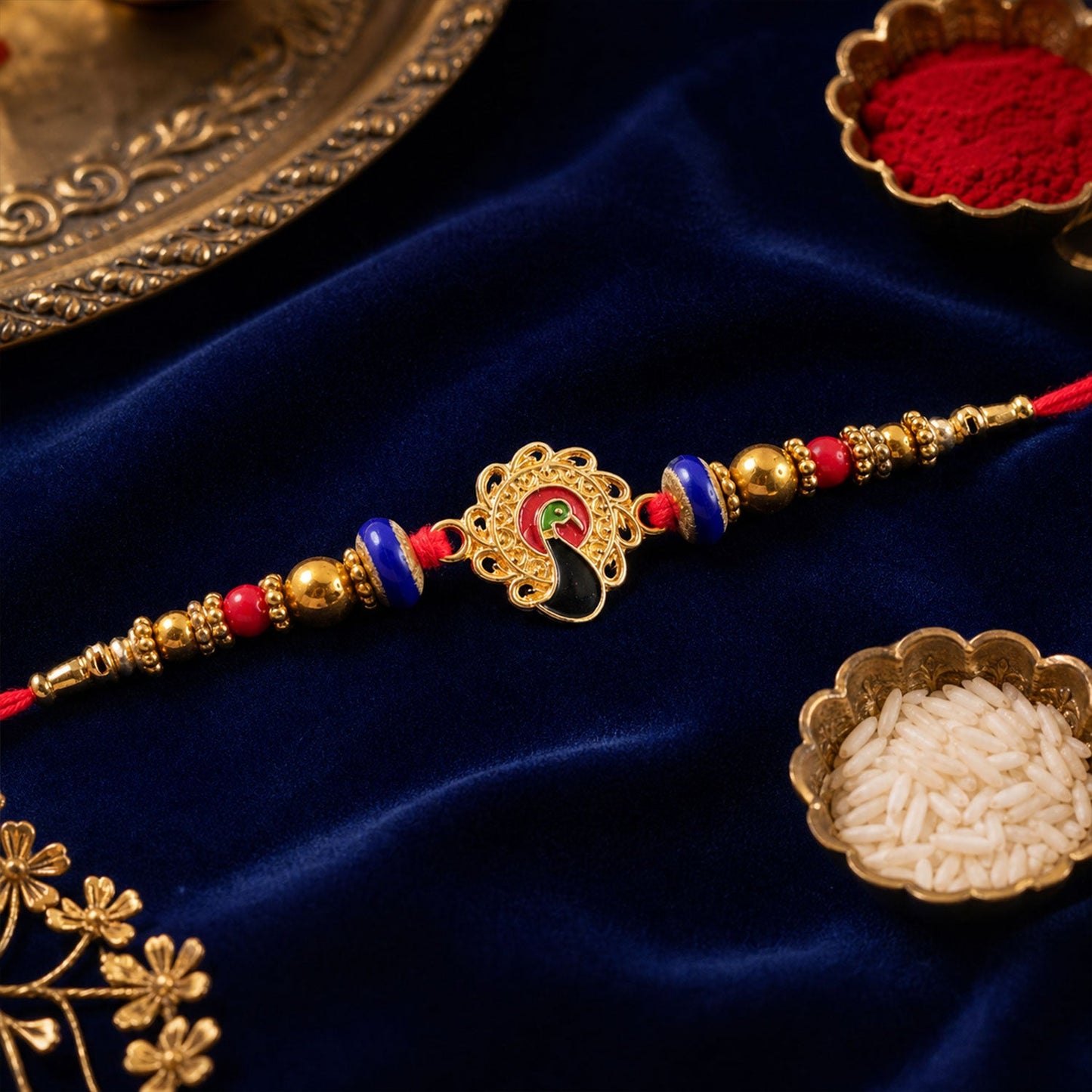 Elegant Golden Floral Rakhi with Stones for Brother | Premium Fancy Rakhi