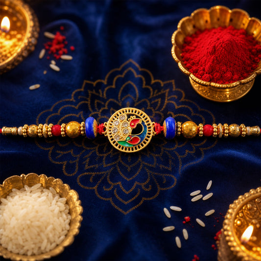 A gold-colored peacock design with blue, red, and green enamel, flanked by blue and gold beads, rests on a blue cloth.
