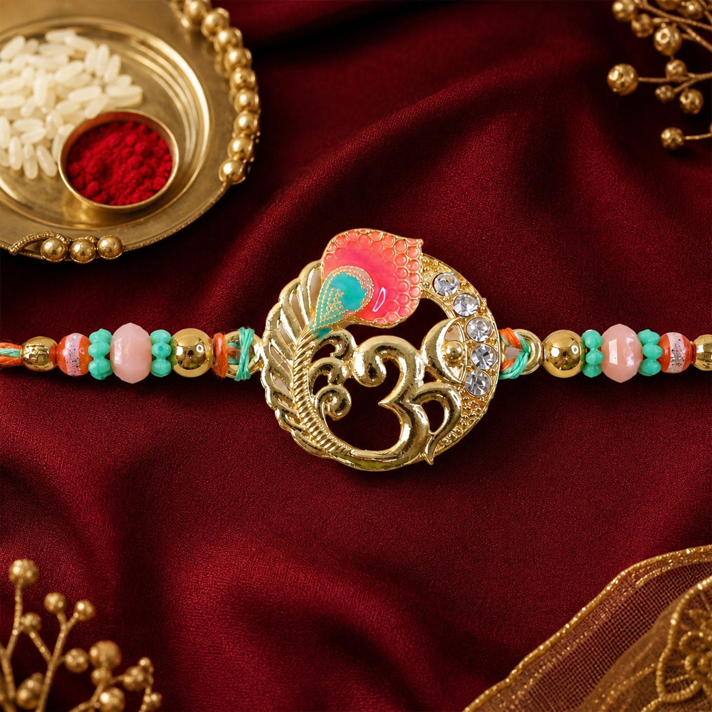 Stylish Golden Beads Rakhi with Stone Work for Brother | Designer Rakhi