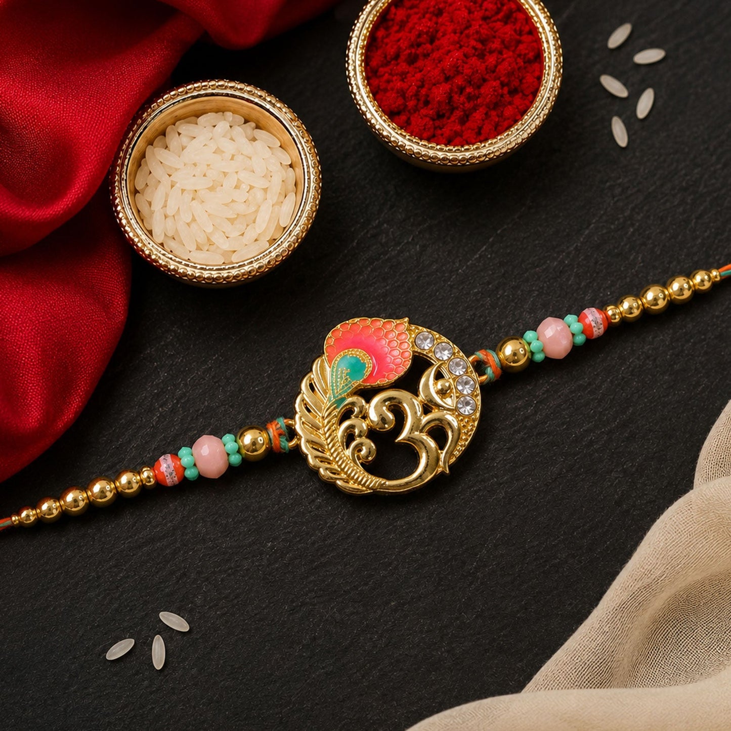 Stylish Golden Beads Rakhi with Stone Work for Brother | Designer Rakhi
