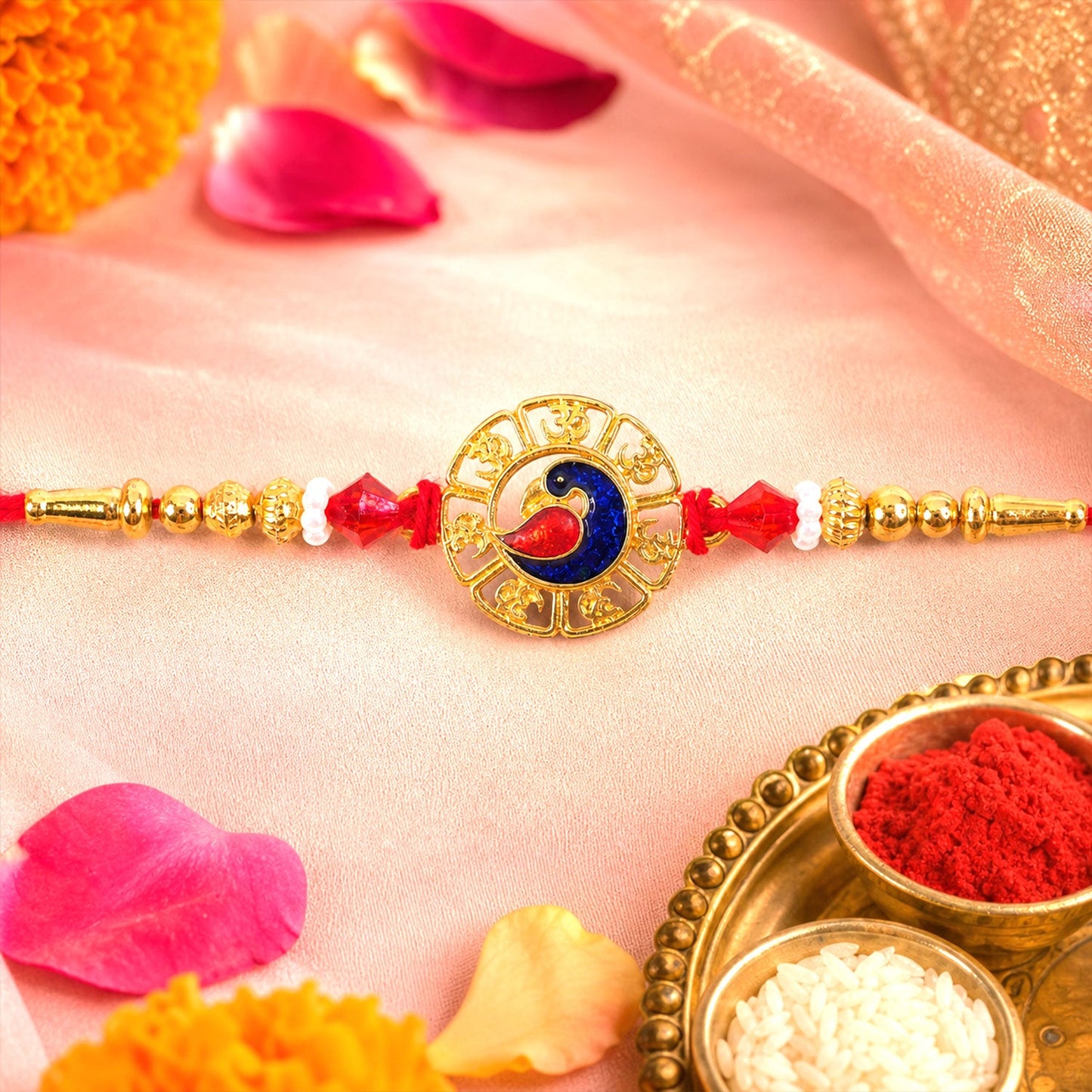 Round Om Peacock Designer Rakhi with Beaded Traditional Detail