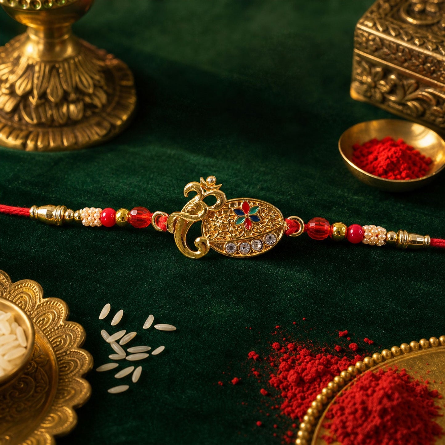 Stylish Om Shape Kundan Designer Rakhi with Beaded Festive Detail