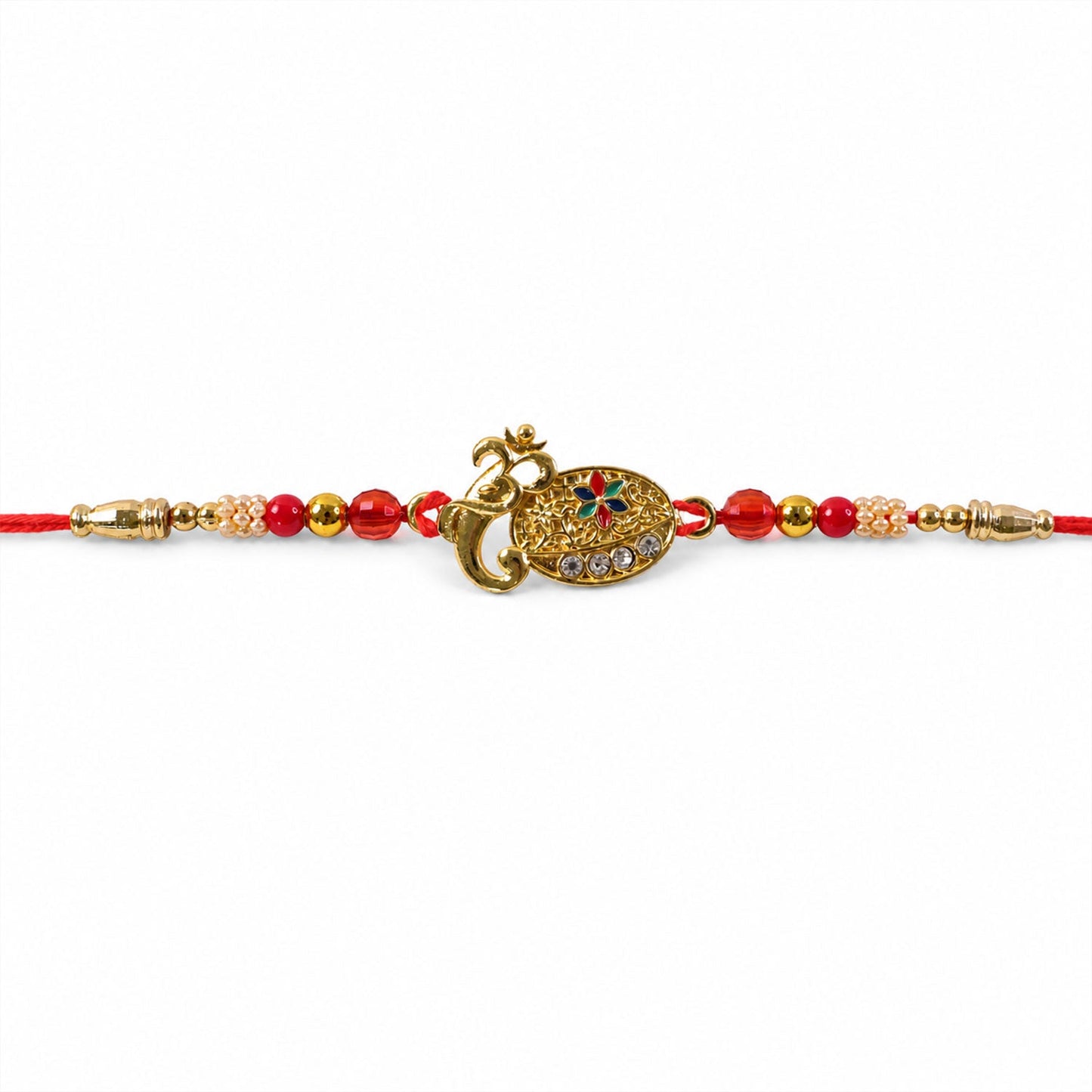 Stylish Om Shape Kundan Designer Rakhi with Beaded Festive Detail